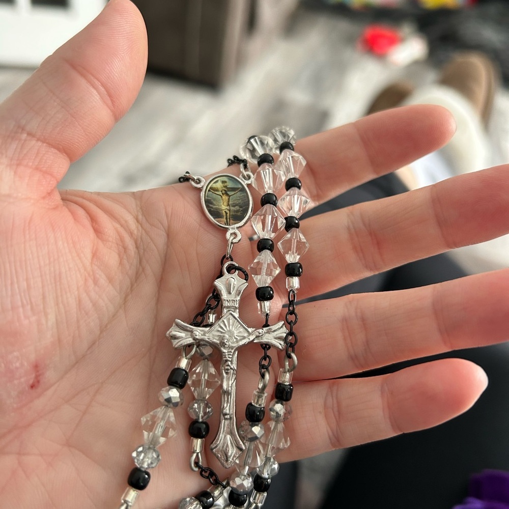 4/$100 Elegant Silver and Black Rosary Necklace